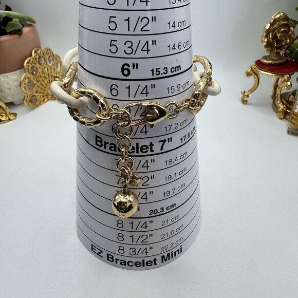 Brighton Gold-tone White Enamel Rhinestone Large Link Chain Bracelet Adjustable - Picture 8 of 9